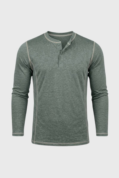 T-Shirt Homme - Col Montant Boutonné | Manches Longues - Sauge