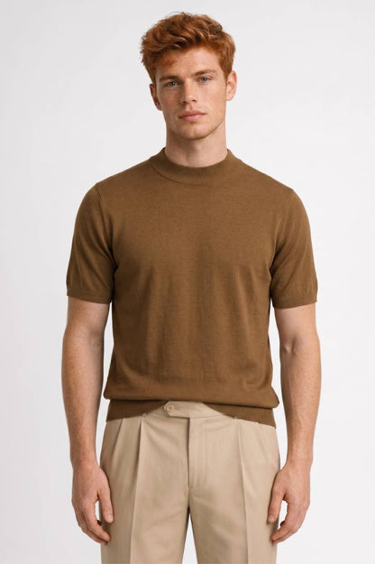 T-Shirt Homme - Col Montant Moderne avec Manches Courtes | Décontracté — Camel