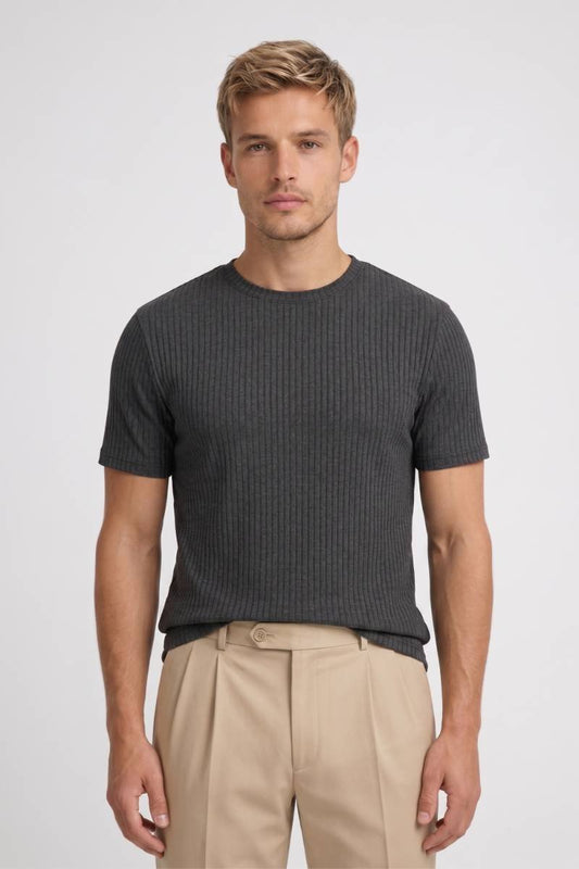 T-Shirt Homme - Côtelé Col Rond avec Coupe Ajustée | Casual — Gris