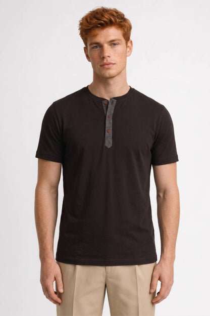 T-Shirt Homme - Style Henley avec Boutons Contrastés | Casual — Marron Foncé