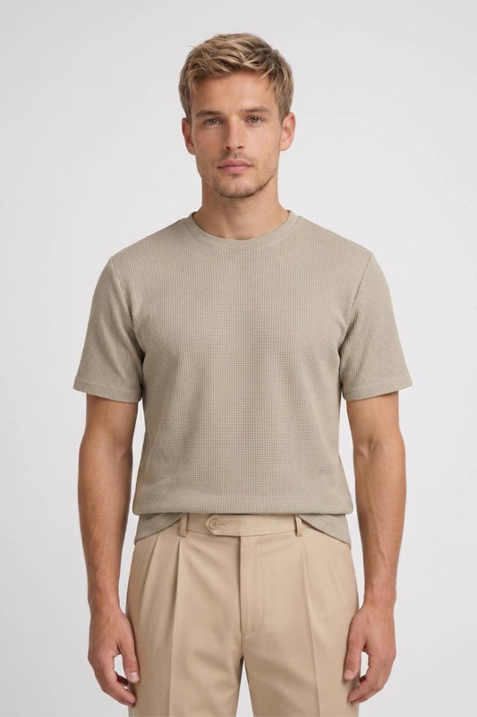 T-shirt Homme - Texture Gaufrée Col Rond | Décontracté — Beige