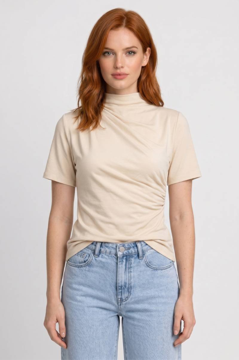 Top Femme - Col Montant Drapé Asymétrique | Raffiné — Beige
