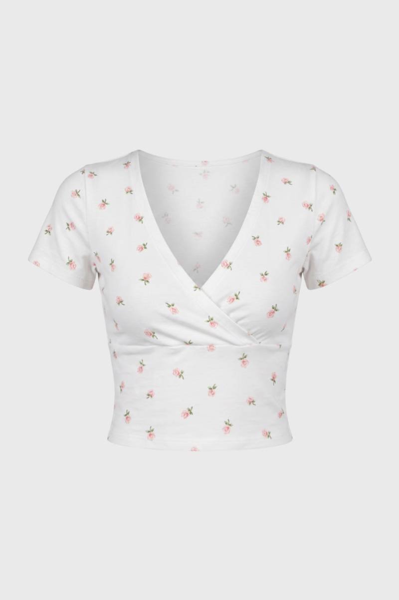 Top Femme - Crop Portefeuille Col V Manches Courtes | Féminin — Blanc Fleuri