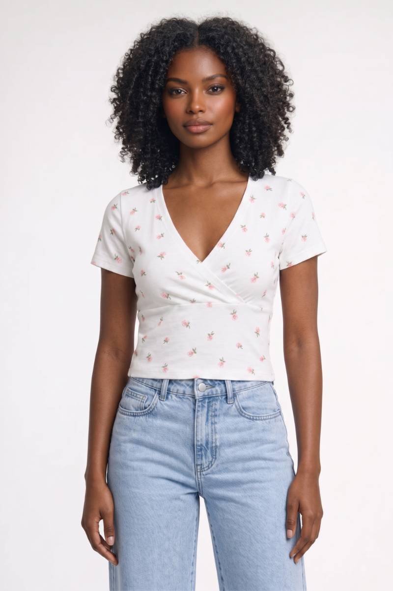 Top Femme - Crop Portefeuille Col V Manches Courtes | Féminin — Blanc Fleuri