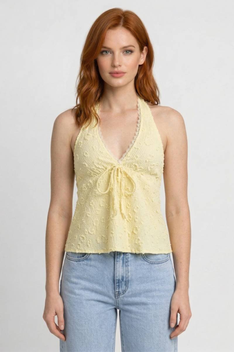 Top Femme - Halter Col V avec Laçage Frontal | Estival - Jaune Pâle