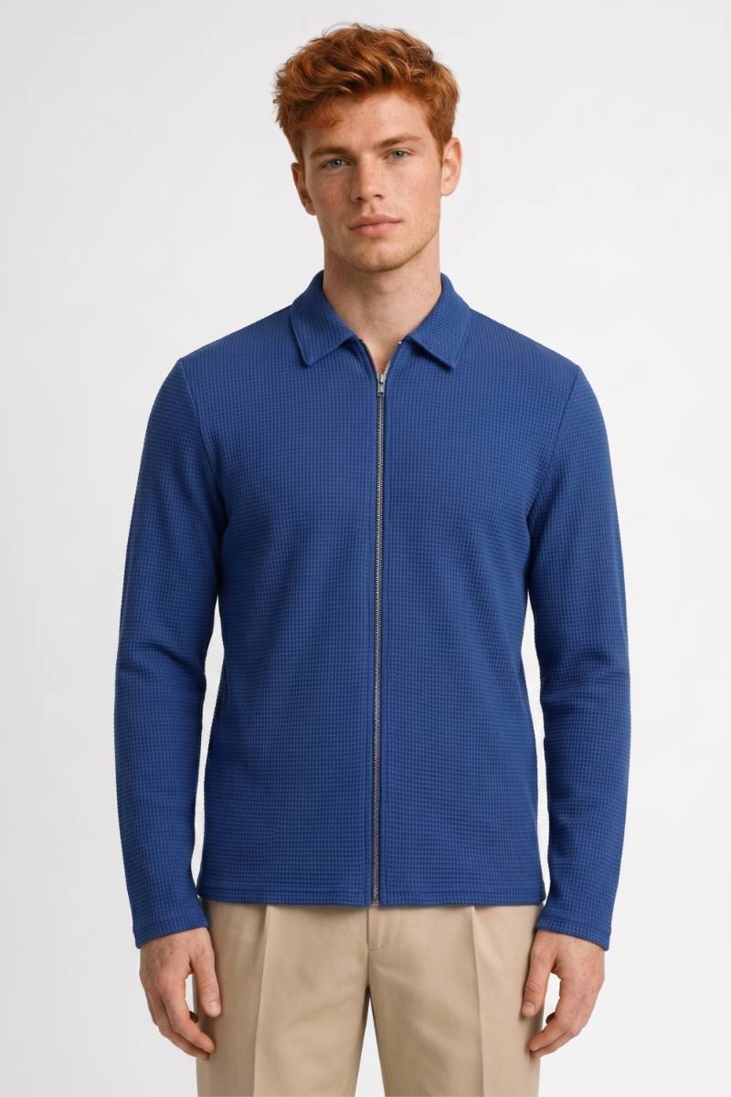 Veste Homme - Zippée Texturée Col Polo | Décontractée — Bleu