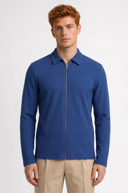 Veste Homme - Zippée Texturée Col Polo | Décontractée — Bleu