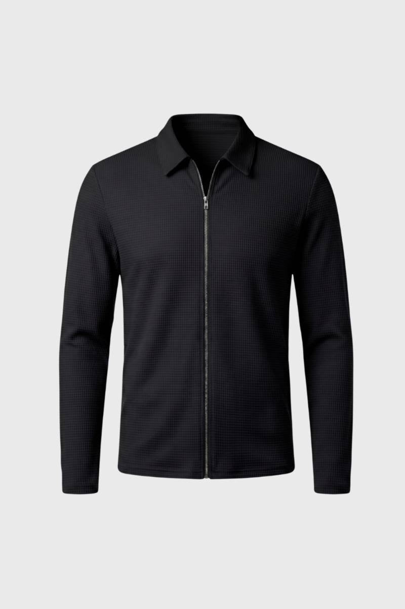 Veste Homme - Zippée Texturée Col Polo | Décontractée — Noir