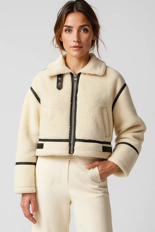 Manteau Court en Fausse Fourrure | Crème et Noir | Style Aviateur Moderne