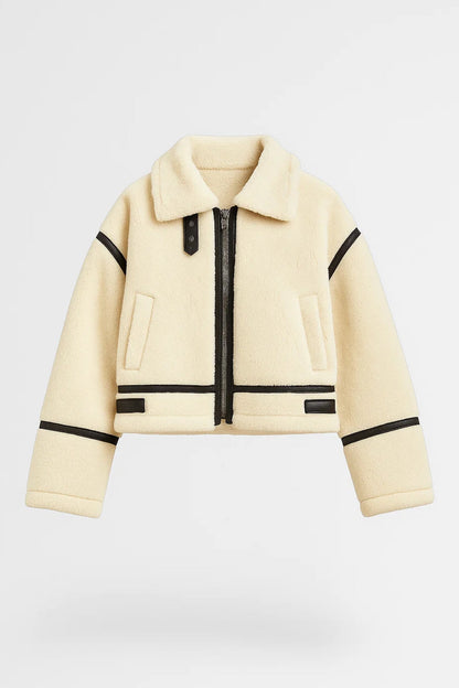 Manteau Court en Fausse Fourrure | Crème et Noir | Style Aviateur Moderne