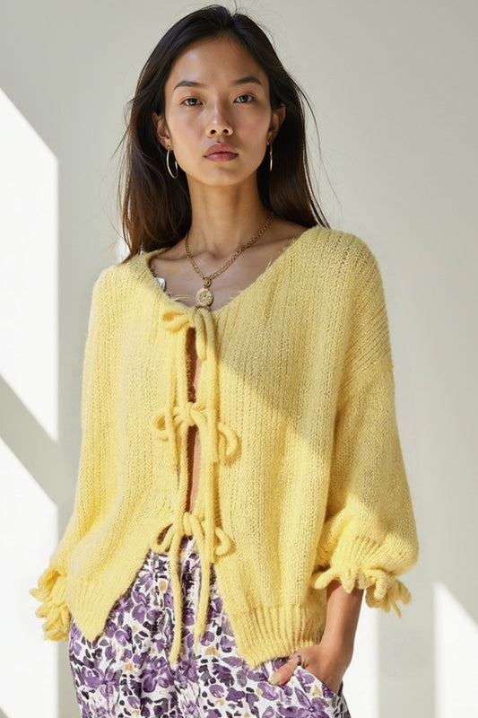 Cardigan à Liens en Maille Douce | Manches Bouffantes | Style Décontracté